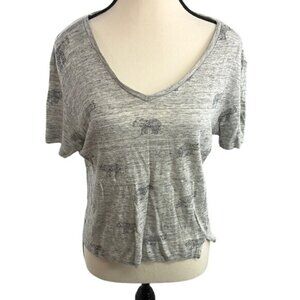 Tabitha Webb Linen T Shirt Womens Size S Gray V-Neck Elephant Print Short Sleeve